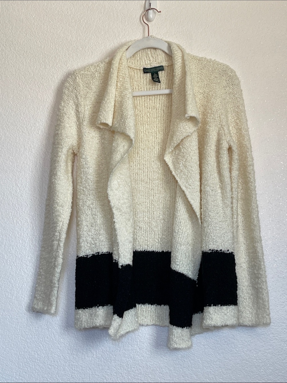 Ralph Lauren Ivory and Black Open-Front Bouclé Cardigan